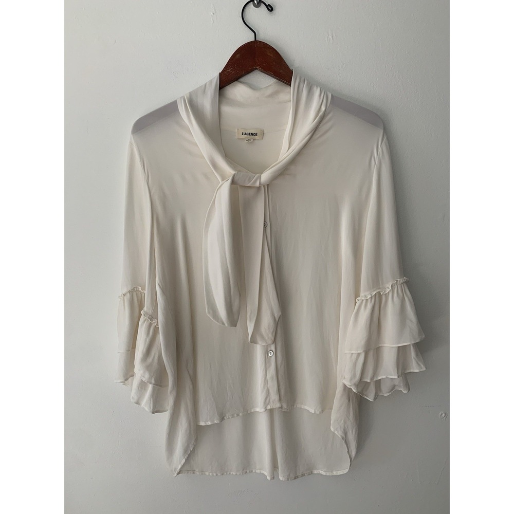 L'Agence 100% Silk Button Up Blouse Ivory L Self Tie Scarf Neck Tiered Sleeve